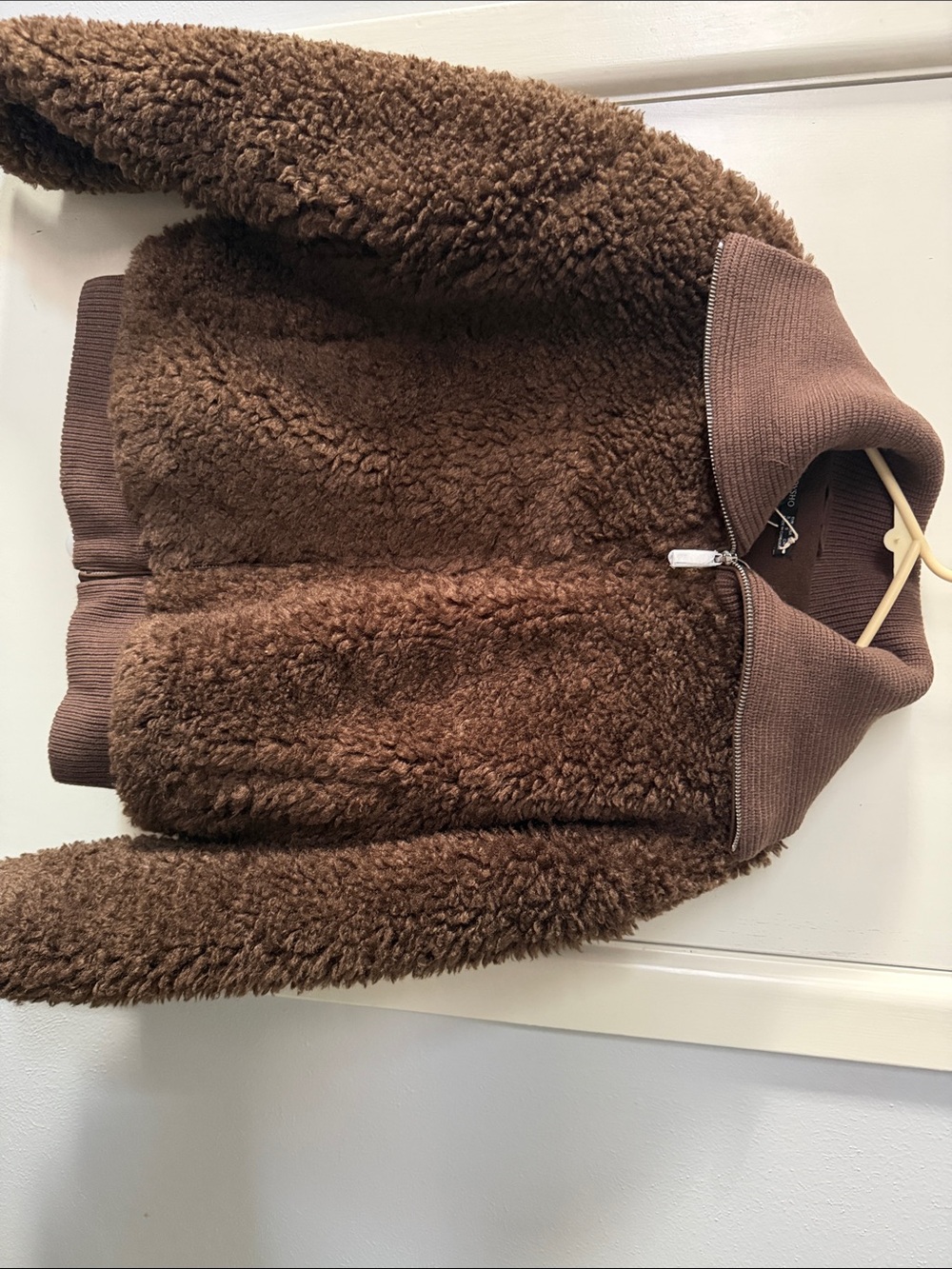 Kids Brown Sherpa Zip-Up Jacket with Ribbed Collar